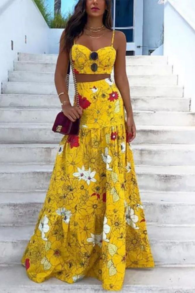 Women's New Floral Print Two Piece Full Wedding Guest Dress
