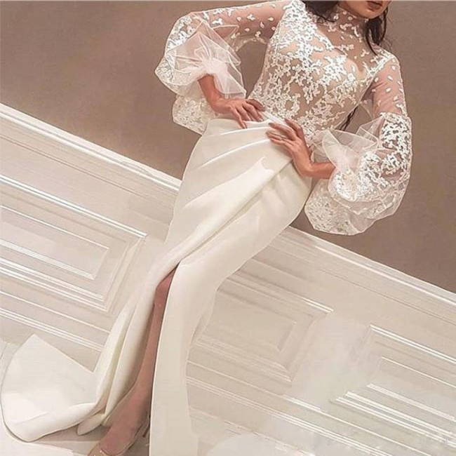 Women's Embroidered Crew Neck Puff Sleeve Slit  Wedding Guest Dresses