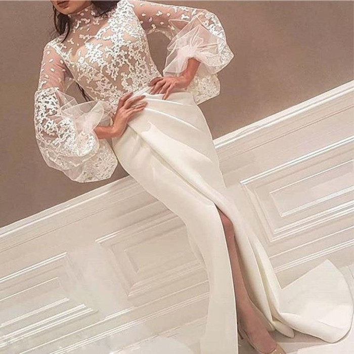 Women's Embroidered Crew Neck Puff Sleeve Slit  Wedding Guest Dresses
