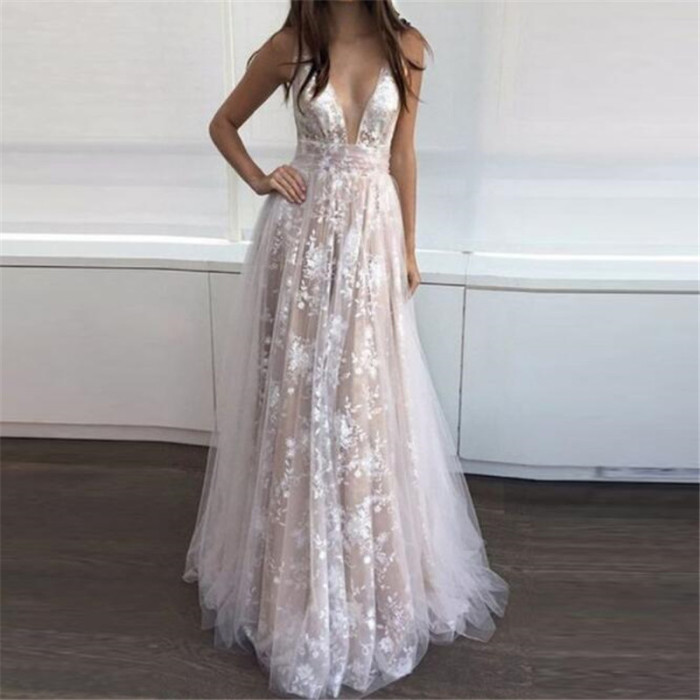 Lace Sleeveless V Neck High Waist A-Line Back  Wedding Guest Dresses
