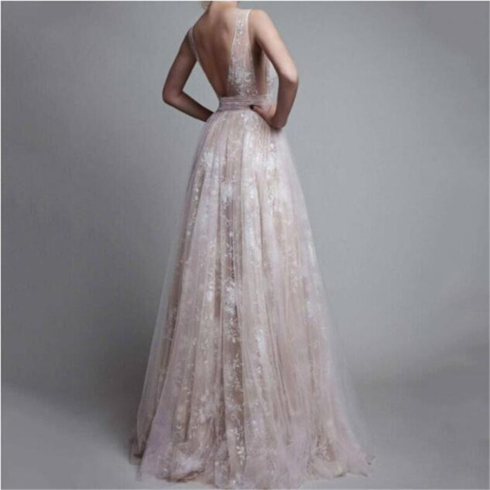 Lace Sleeveless V Neck High Waist A-Line Back  Wedding Guest Dresses