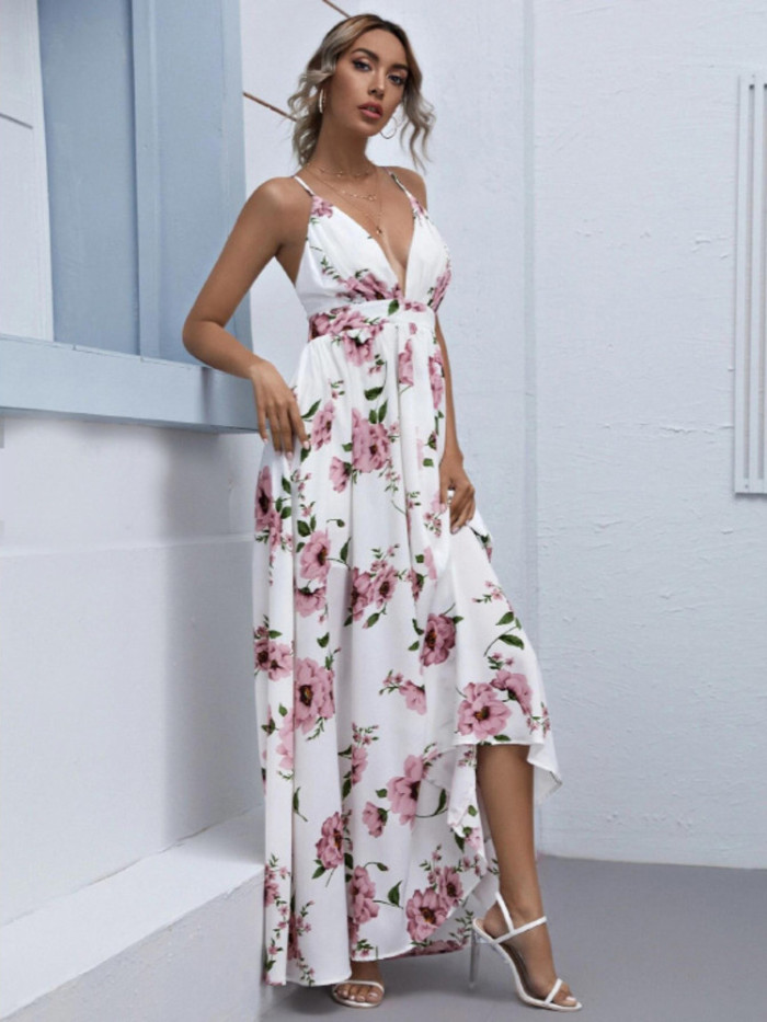 Women's Chiffon Loose Print Sling Sexy  Wedding Guest Dress