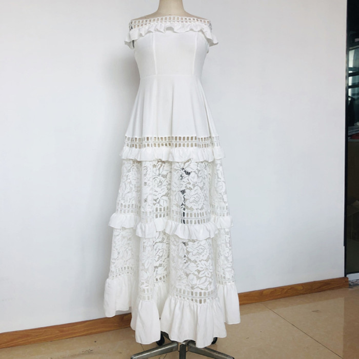 Elegant Lace White  Slash Neck Short Sleeve  Wedding Guest Dresses
