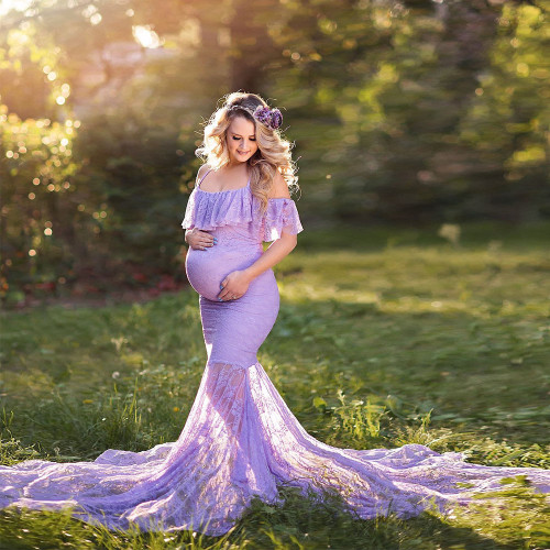 Sexy Shoulderless Maternity  Lace Mesh  Photoshoot Gowns
