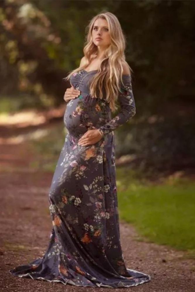 Elegant Maternity Photography Props Pregnancy Clothes Maternity Floral Printed Dress For pregnant Women Photo Shoot Clothing