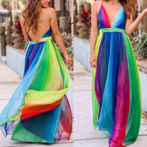 Rainbow Color Spaghetti Strap Wedding Guest Dresses