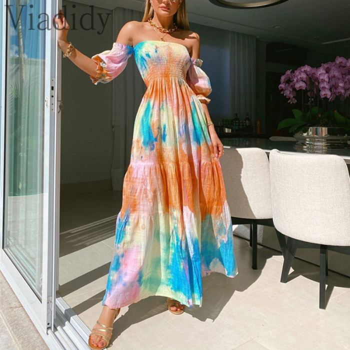 Off Shoulder Multicolor Print  Casual Lantern Sleeve Layered  Wedding Guest Dresses