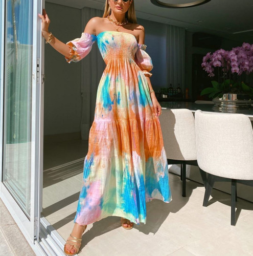 Off Shoulder Multicolor Print  Casual Lantern Sleeve Layered  Wedding Guest Dresses