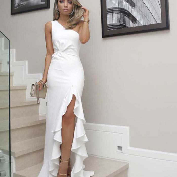 Women's Sexy Slim Fit Sloping Shoulder Sleeveless Solid Color  Wedding Guest Dress