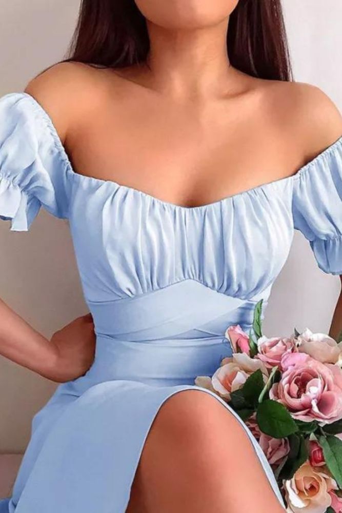 Sexy Off Shoulder High Waist Short Petal Sleeve Elegant  Wedding Guest Dresses