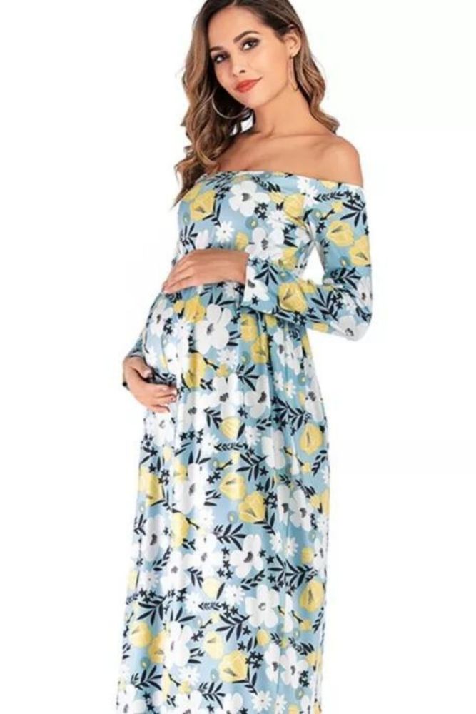 Maternity Autumn Skirts Flowers Printed Thin Dresses Pregnant Woman Clothing Long Sleeve Spring Summer Shoulderless Dress