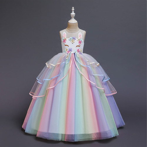 New Unicorn Children's Mesh Rainbow Puffy Girls Princess Dress