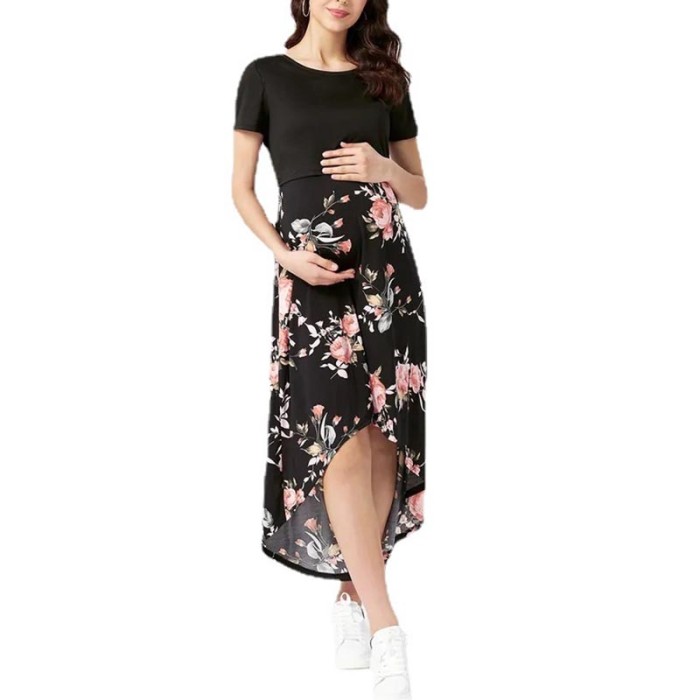 Maternity Solid Color Short Sleeve V Neck Casual Irregular Maxi Dresses