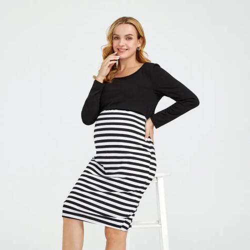 Maternity Short Sleeve Striped Casual Dresses