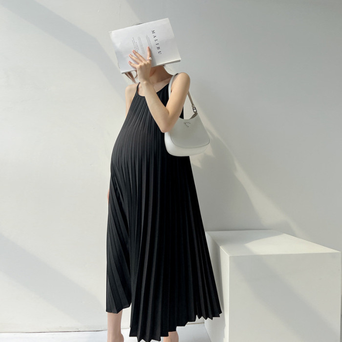 Maternity Wear New Slim Pleated Temperament Sling Maxi Dresses