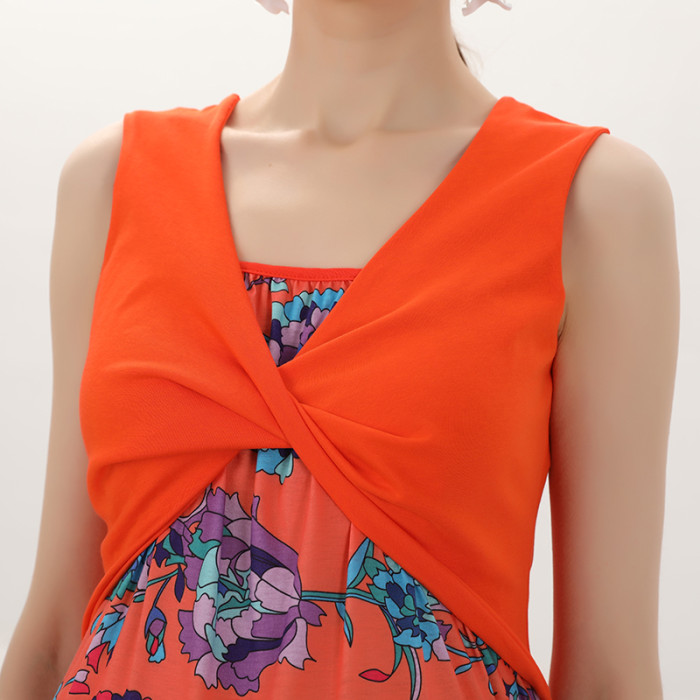 Maternity Fashion Print Sleeveless Maxi Dresses