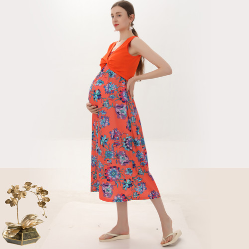 Maternity Fashion Print Sleeveless Maxi Dresses