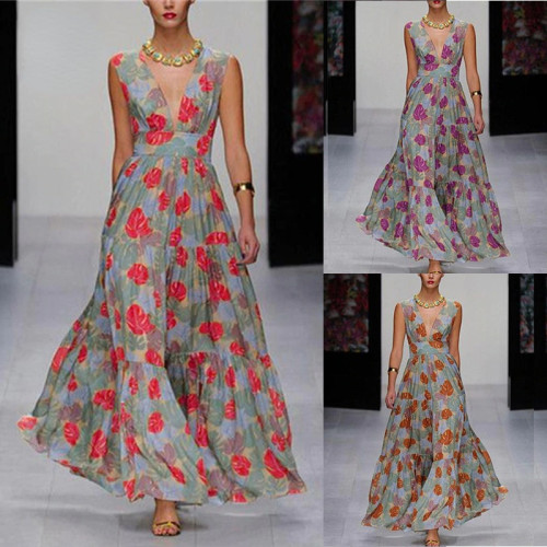 Women's Fashion Print Slim High Waist Sleeveless V Neck Pleated  Wedding Guest Dresses