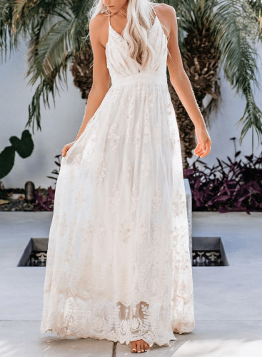 Summer Women's Boho Long Embroidered Lace Deep V Neck Backless  Wedding Guest Dress