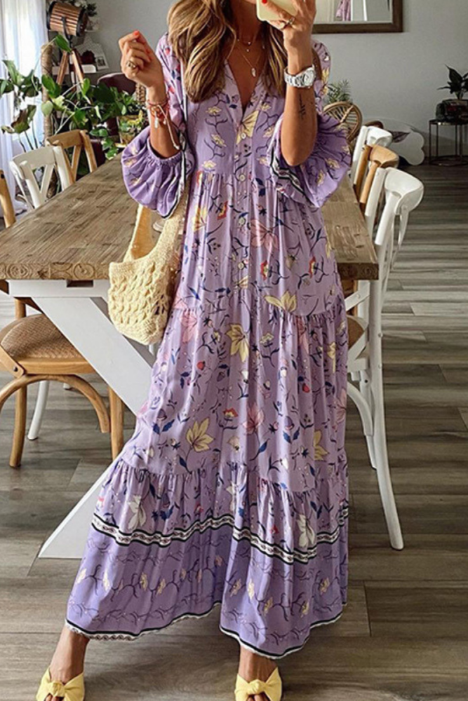 Maternity Sexy High Waist  Beach Ruffles Sundress Casual Purple V-Neck  Midi+Maxi Dresses