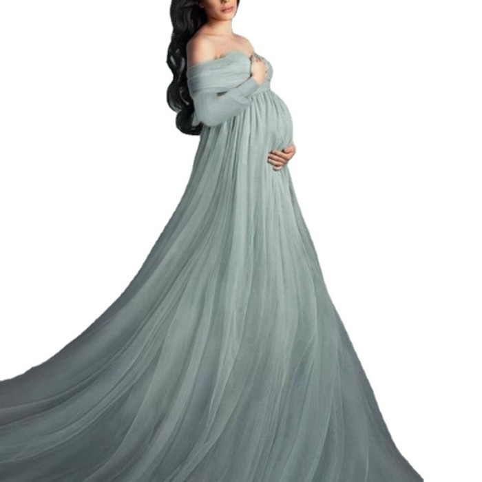 Maternity Fluffy Trailing Fancy Elegant Off Shoulder Long Sleeve Evening   Photoshoot Gowns Dress