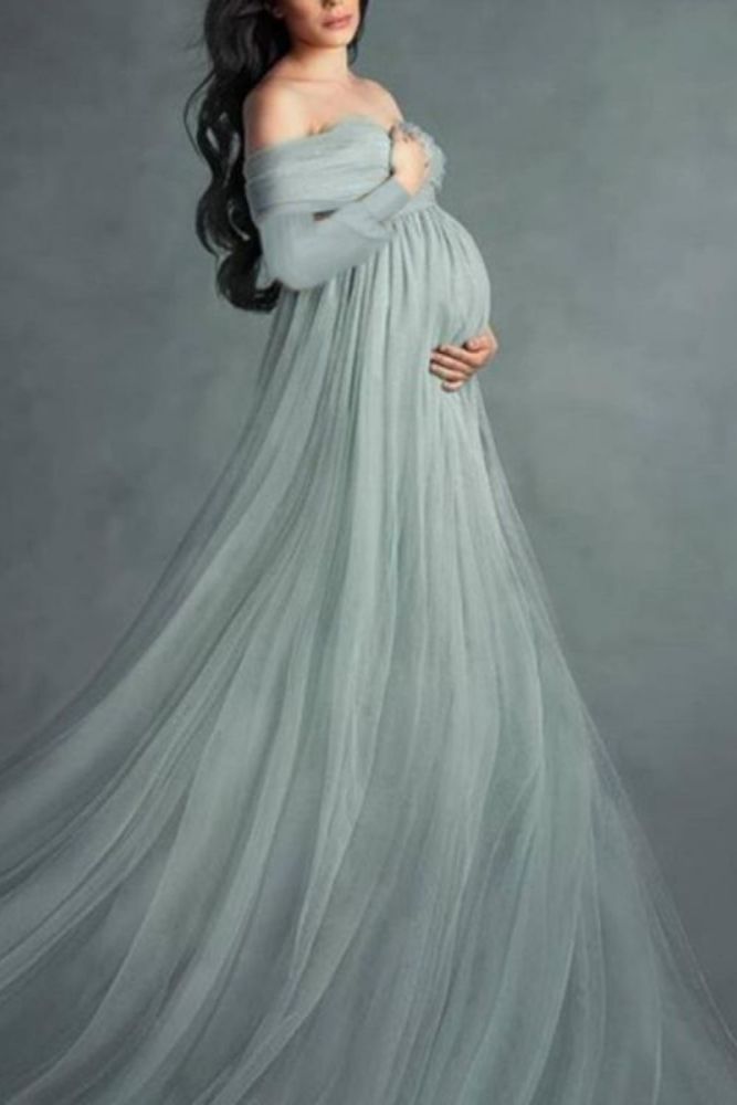 Maternity Fluffy Trailing Fancy Elegant Off Shoulder Long Sleeve Evening   Photoshoot Gowns Dress
