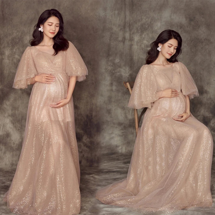 Women Photography Props Perspective Maternity Full Sleeves  Photoshoot Gowns