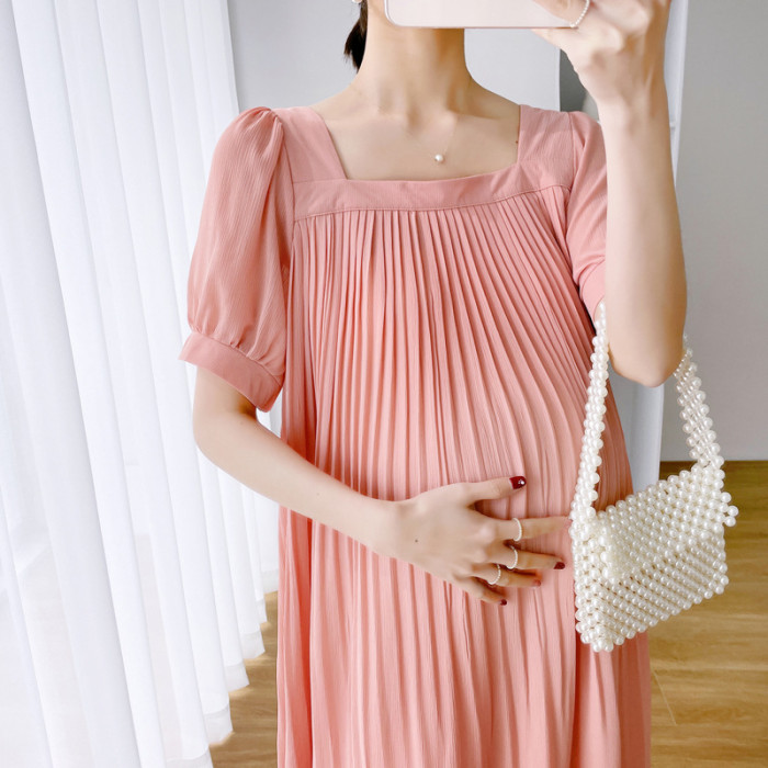 Maternity Square Collar Pleasted Chiffon  Midi+Maxi Dresses