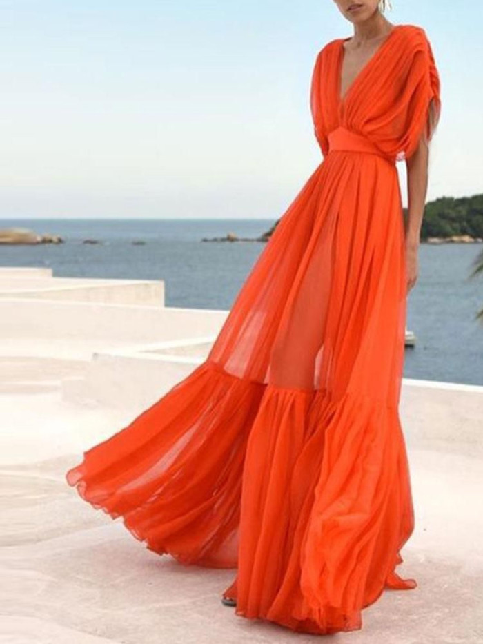 New Orange Sexy Chiffon V-Neck Wedding Guest Dresses