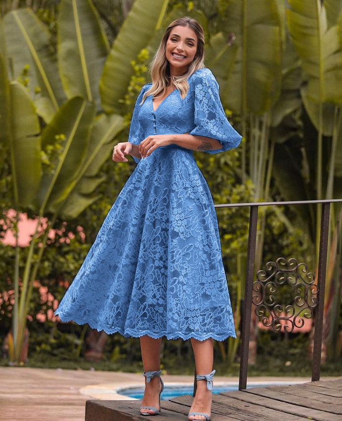 Elegant Lace Vintage Lantern Sleeve Hollow Out Wedding Guest Dresses