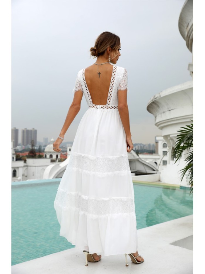 Boho Long White Lace V Neck Elegant Short Sleeve Wedding Guest Dresses