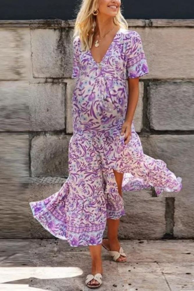 Maternity V-neck Short Sleeve Floral Print Dress