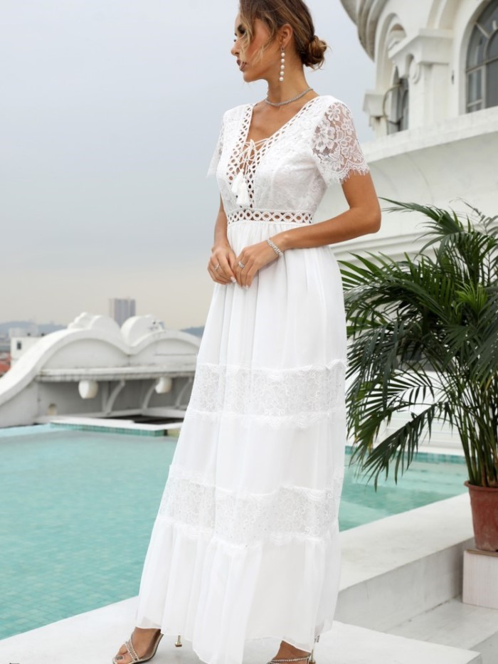 Boho Long White Lace V Neck Elegant Short Sleeve Wedding Guest Dresses