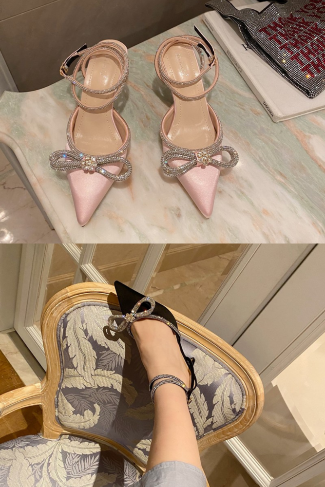 Rhinestone bow pointed heels women's stiletto heels back empty Sandals