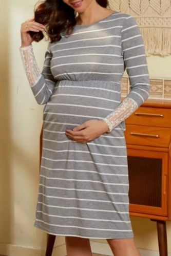 Summer Striped Lce  Sleeve Maternity Dress