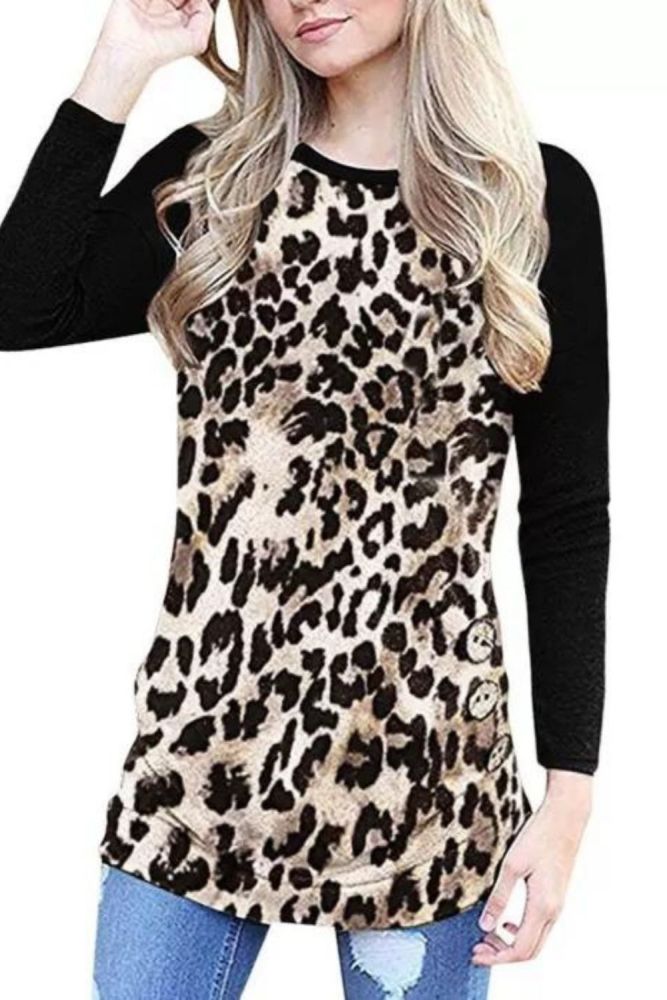 Women O-Neck Leopard Print Long sleeves Easy Pullover Ladies Tops Shirt