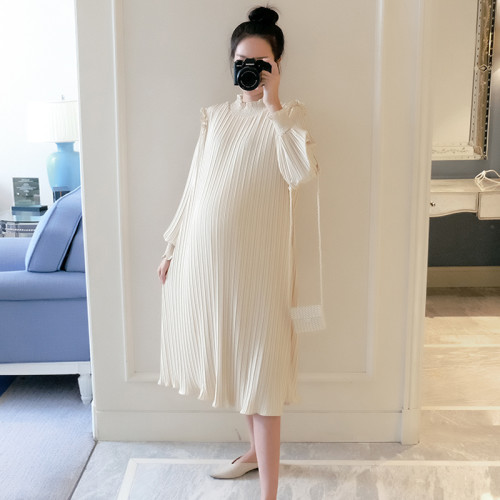 Maternity  New Fashion Sweet Pleated Loose Long Sleeves Midi Dress