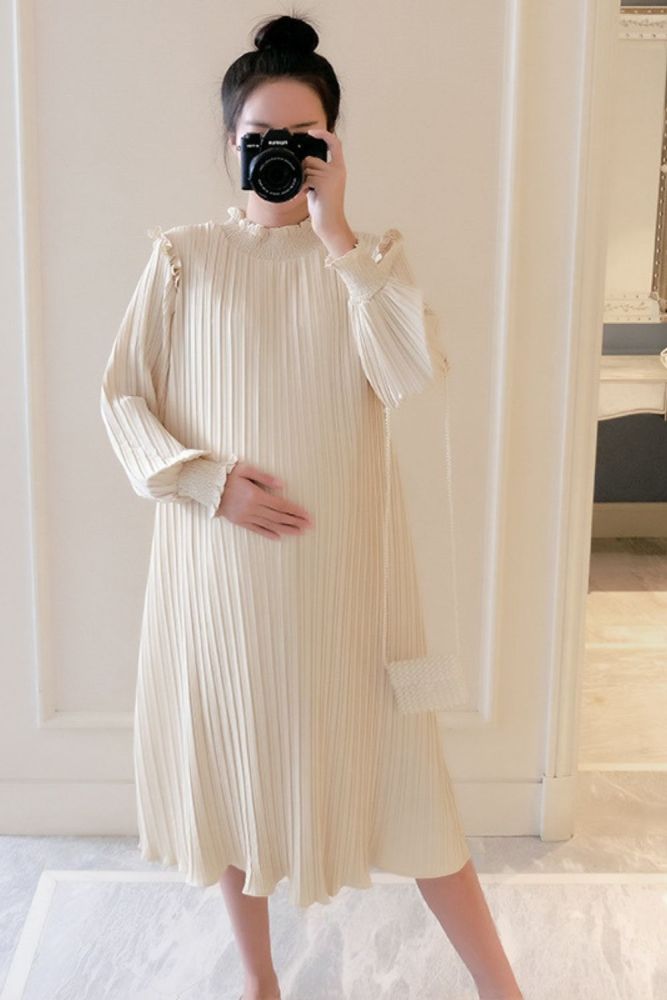 Maternity  New Fashion Sweet Pleated Loose Long Sleeves Midi Dress