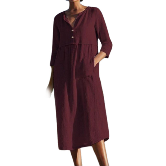 Maternity Solid Color Half Sleeve Pocket Cotton Linen Loose Boho Casual Dress