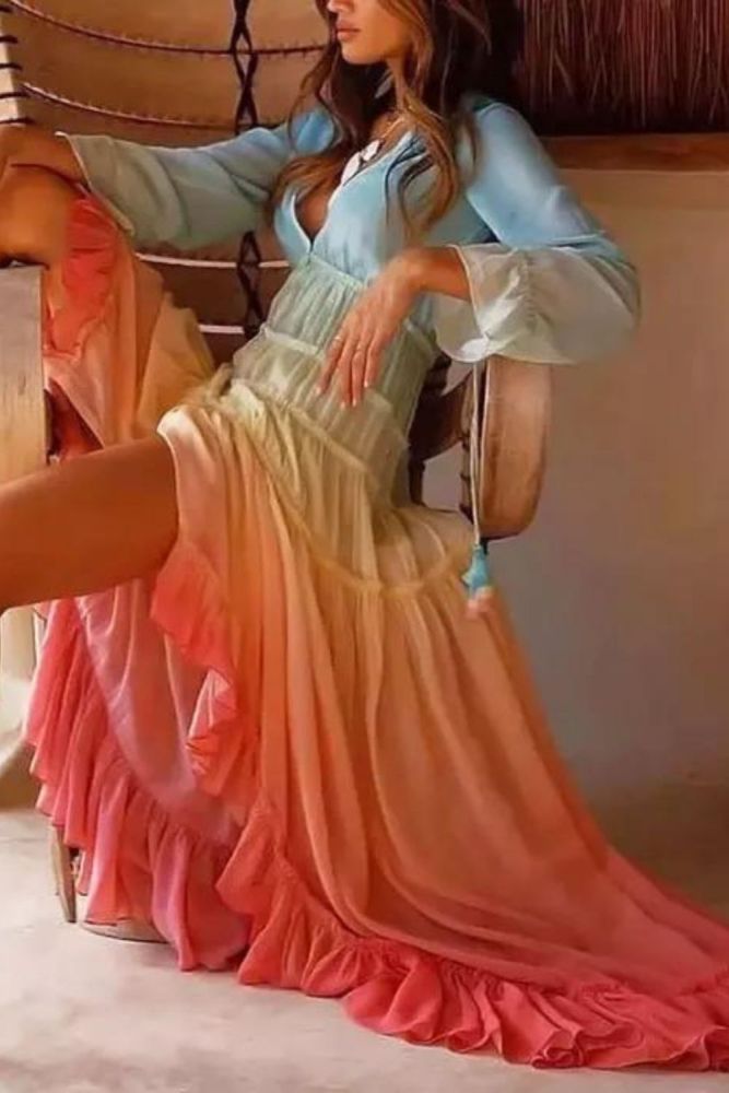 Women's Bohemian Dress Printing Gradient Elegant Maxi Dress Patchwork Rainbow Color Wedding Guest Dresses