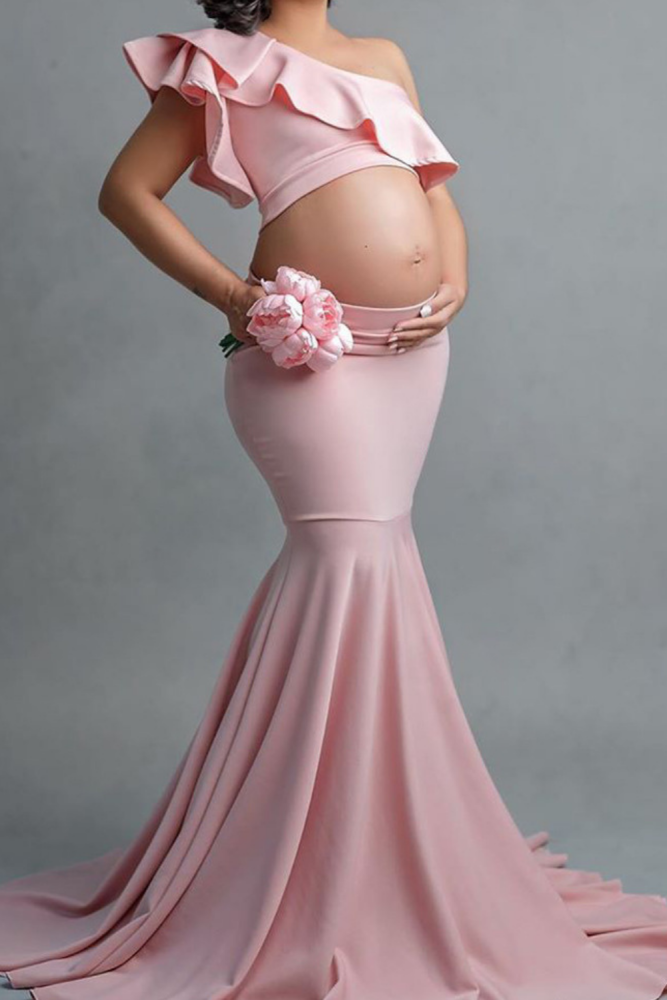 Maternity Dress Sexy Photo Shoot Props Ruffles Tops Long Skirt Set for Pregnant Photoshoot Gowns