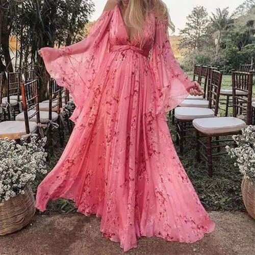 Maternity Bohemian Sling Deep V Neck Print Doll Sleeve Pink   Photoshoot Gowns Dress
