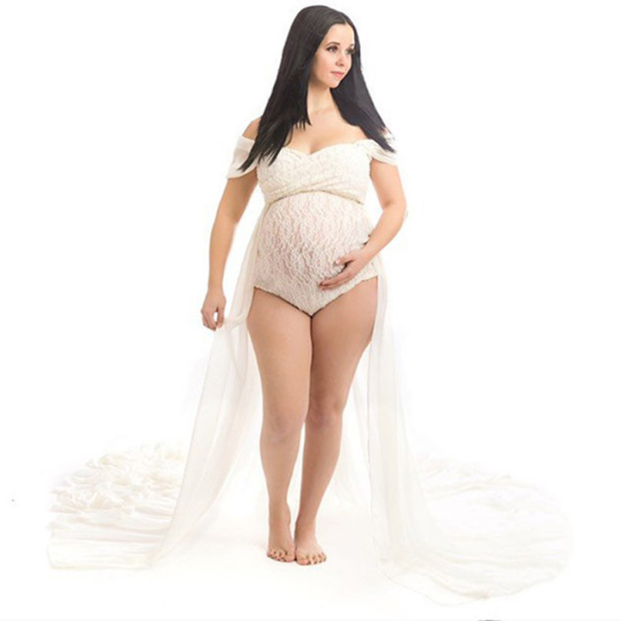 White Lace Maternity Fancy Long Sexy Long  Photoshoot Gowns Dress