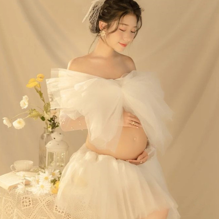 New Maternity Photo Lace Beautiful Bow Mesh  Photoshoot Gowns Dress