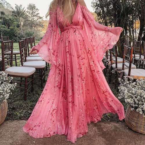 Maternity Bohemian Sling Deep V Neck Print Doll Sleeve Pink   Photoshoot Gowns Dress