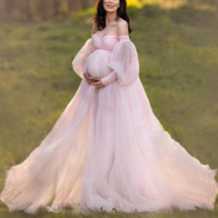 New Maternity Puff Sleeve Off Shoulder Mesh Swing  Photoshoot Gowns  Dress