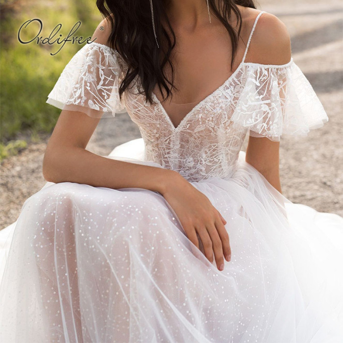 White Lace Tulle Maxi Wedding Guest Dresses