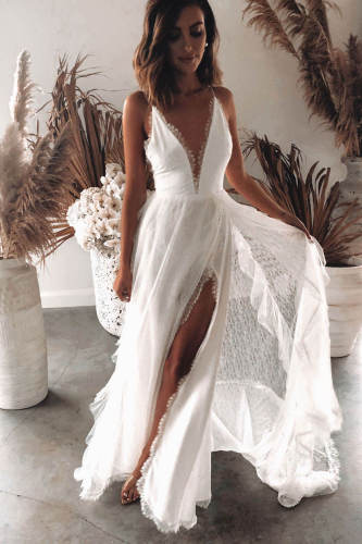 Lace Splice White Long Dress Beach Deep V Neck Sexy Wedding Guest Dresses