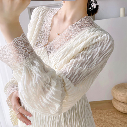 Maternity Lace Elegant French V-Neck Lace Long Sleeve Maxi Dress