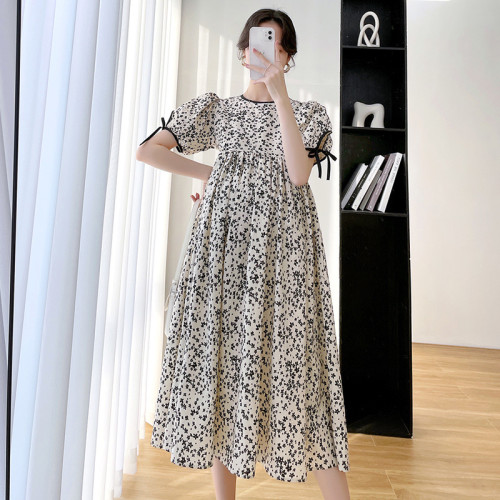 Fashion Maternity Short Sleeve Printed Loose High Waist Midi Dress